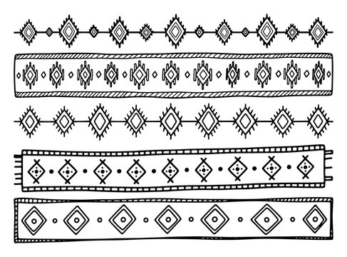 Tribal ethnic decorative borders with geometric patterns in minimalist line art style