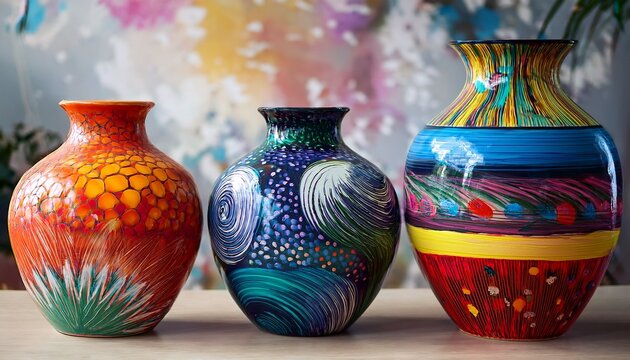 modern abstract ceramic vases with bold colorful patterns and textured design