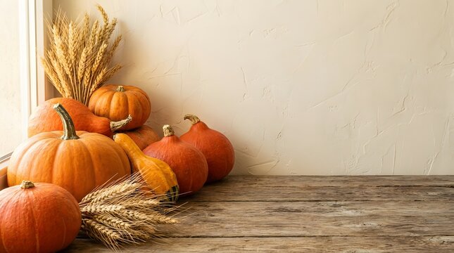 A pile of pumpkins and wheat on a wooden table next to a white wall for fall or thanksgiving decoration