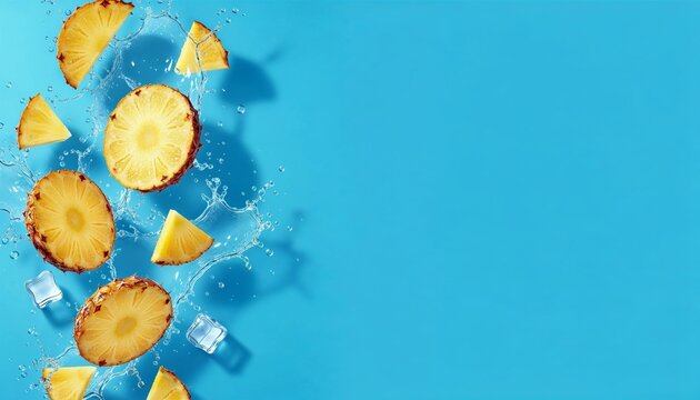 Pineapple Slices on Blue Summer Water Background
