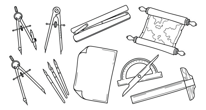 Vintage Hand-Drawn Drafting Tools Vector Set. Classic Architectural Drawing Instruments, Engineering Supplies, and Map Design Elements. Retro Blueprint and Cartography Equipment Collection for