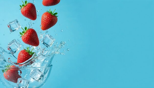 Strawberry Water Splash on Blue Background
