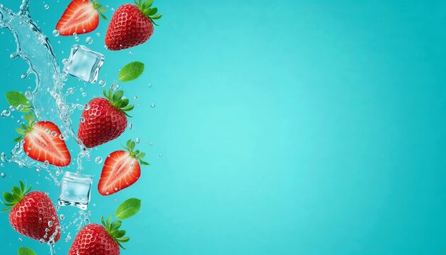 Strawberries with Water Splash on Blue Background