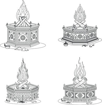 Hindu wedding fire in ornate square havan kund with intricate Indian patterns