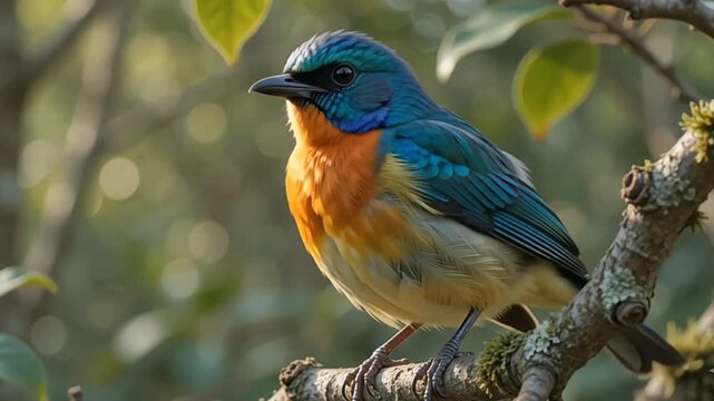 Beautiful colorful songbird with blue and orange feathers perched on a tree branch