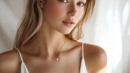 elegant woman with delicate gold necklace and earrings © arisa