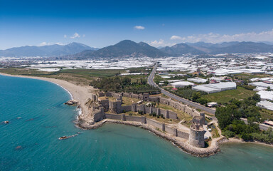 Obraz premium Spectacular Aerial Photograph of Mamure Castle in Anamur Mersin Turkey, One of the Best Preserved Medieval Fortresses on the Mediterranean Coast