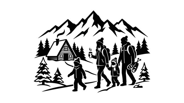 Family Hiking Together in Mountains.