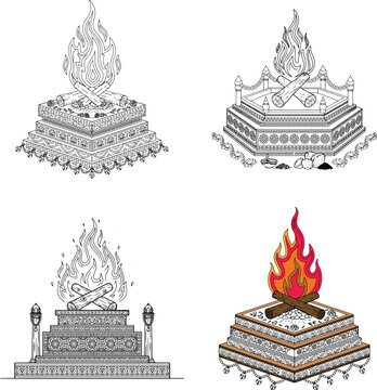 Indian wedding fire (Agni Kund) with detailed ornamental carving patterns on havan kund 
