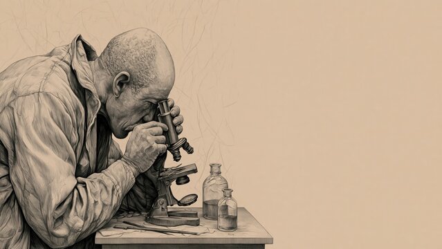 Pencil sketch of bald man looking intensely through a microscope.