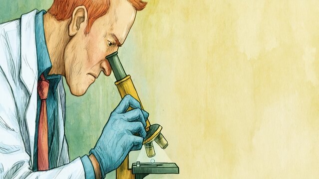 Watercolor of red-haired scientist using microscope illuminating small blue glowing dot.