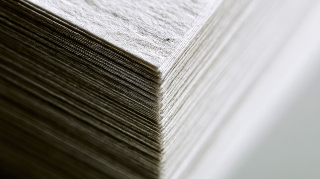 Freshly printed paper stack macro detail matte white sheet layered edge paper fiber soft shadow minimal background negative space