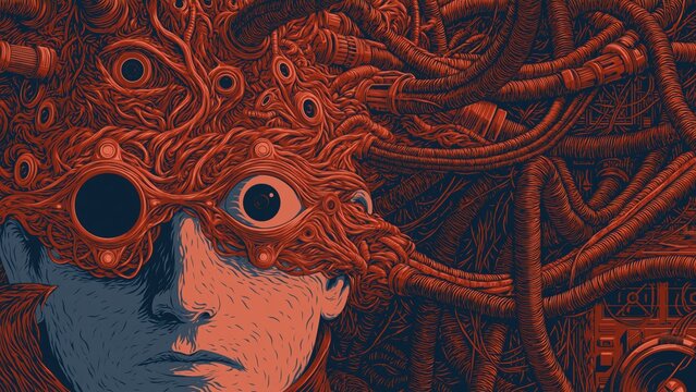 Surreal dark red illustration of face consumed by fleshy biomechanical cables and eyes.