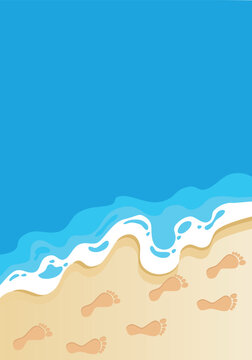 beach landscape ocean waves, footprints in sand, starfish and travel time Overhead top view illustration for vacation concept, tourism marketing and summer holiday card design.