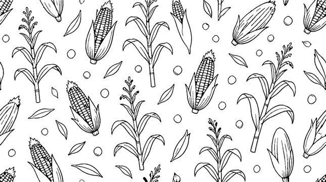 Detailed black and white corn plant illustration pattern.