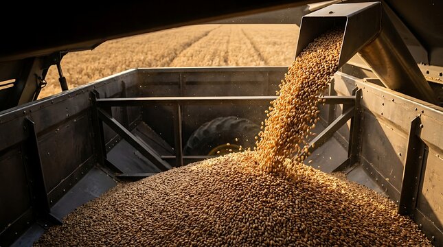 Close up of golden wheat grain pouring from harvester machine auger into tractor trailer during harvest season