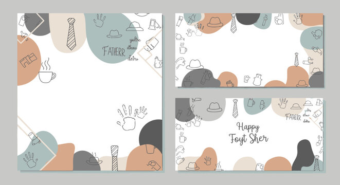Family celebration greeting card with hats hands ties and coffee cup motifs