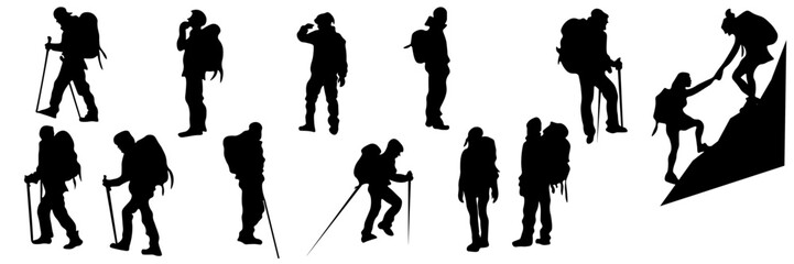 Fototapeta premium Collection of hikers, backpackers and climbers silhouettes isolated on white background. Outdoor adventure vector set for hiking, trekking, mountaineering, camping, tourism and travel projects.