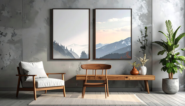 Two vertical frames with mountain landscapes on grey textured wall with wooden furniture and indoor plant