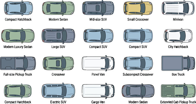 Top view car collection set featuring various vehicle types including sedans SUVs trucks and vans vector illustration