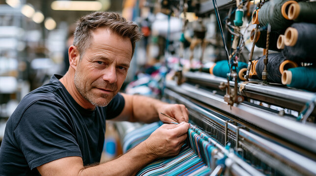 Industrial loom technician repairs a broken warp thread on a narrow-fabric weaving machine by threading a heddle needle through the reed, mill sounds overwhelming, spare pirn bobbins mounted beside 