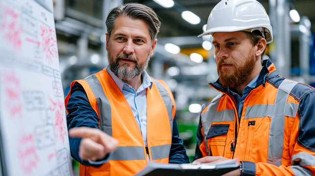 Lean manufacturing consultant stands at a value stream mapping board with a factory supervisor, flow kaizen bursts marked in red across a hand-drawn process chart, waste elimination opportunities id