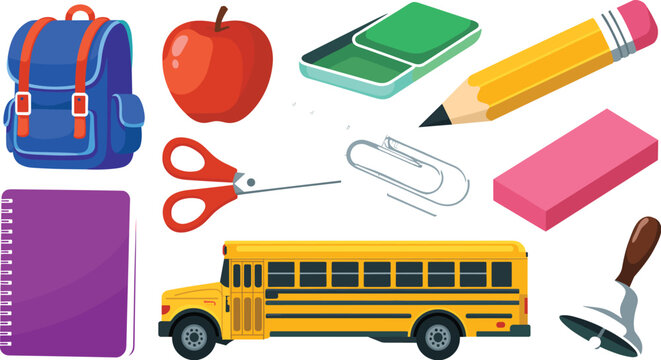 Back to School Education Vector Icon Set Featuring Yellow Bus Blue Backpack Apple Notebook Scissors Paperclip Pencil and Eraser Elements