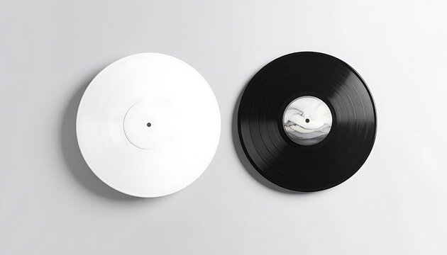 Two vinyl records, one white and one black, positioned side by side, top view, music media