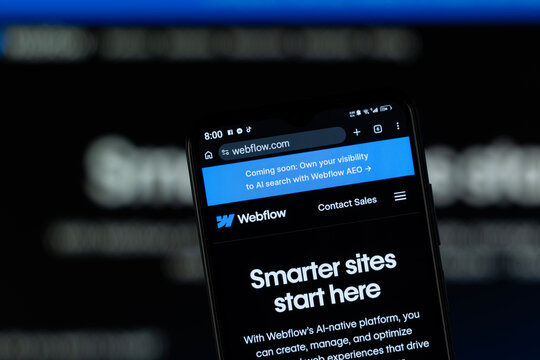 Dhaka, Bangladesh - 05 May 2026: Close-up of Webflow's homepage on a smartphone.