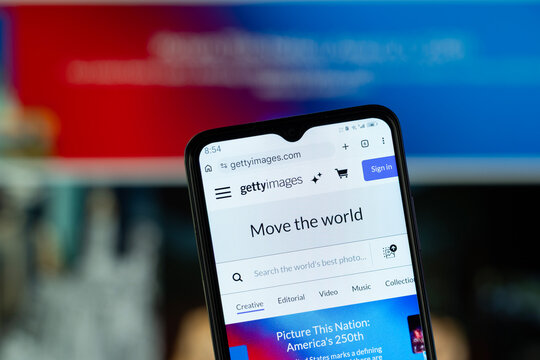 Dhaka, Bangladesh - 05 May 2026: Close-up of Getty Images homepage on a smartphone.