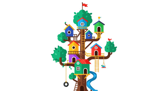 Colorful tree house with multiple homes.