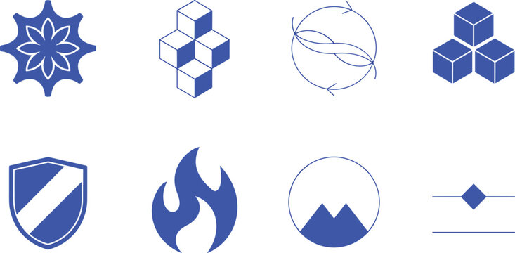Minimalist Blue Corporate Abstract Business Vector Icon Set Featuring Shield Geometric Cubes Fire Star Mountain and Tech Logo Design Elements