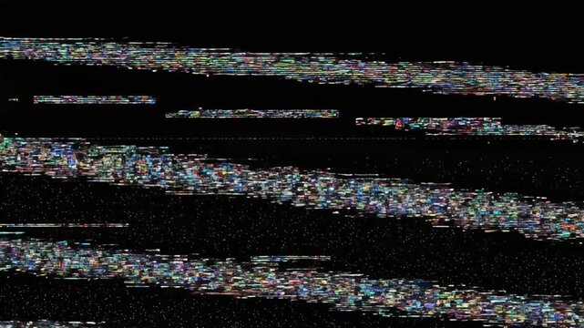 Abstract digital glitch noise animation background with colorful horizontal scanlines on black
