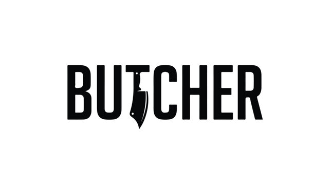 Minimalist butcher shop logo design with meat cleaver icon.