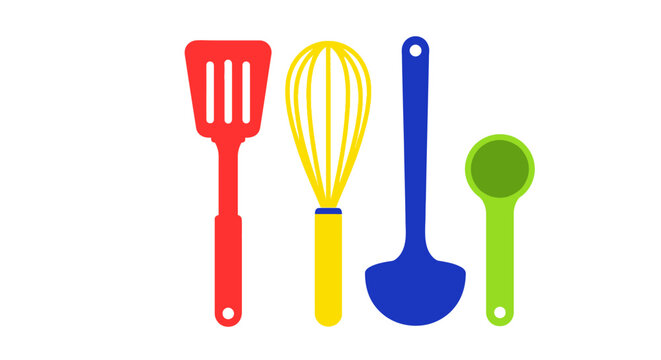 Colorful kitchen utensils on white background.