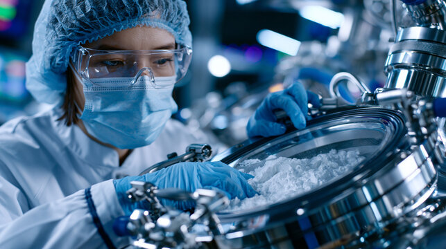 Sterile compounding technician transfers bulk active pharmaceutical ingredient powder into a dispensing isolator using an aseptic technique inside a Grade A fill-finish suite, medical manufacturing 