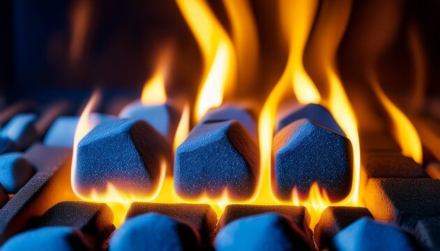close up of glowing yellow and blue broiler flames with ceramic briquettes