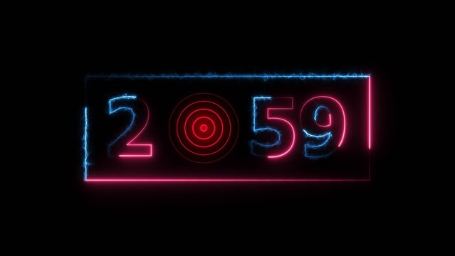 2059 years neon bright number text radio wave red color 4k illustration. New year celebration number. Black background 4k illustration.