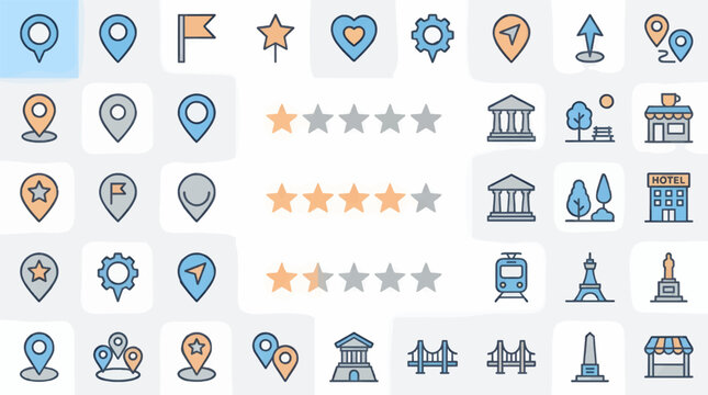 Flat Design Location Icons and Symbols Collection, Map Pointers, Stars, Buildings, and Transport, Vector Graphic Elements for Navigation and Travel Apps