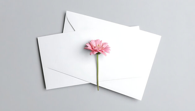 Two white envelopes with a pink zinnia flower on a grey background, wedding invitation stationery mockup, greeting card template for romantic messages
