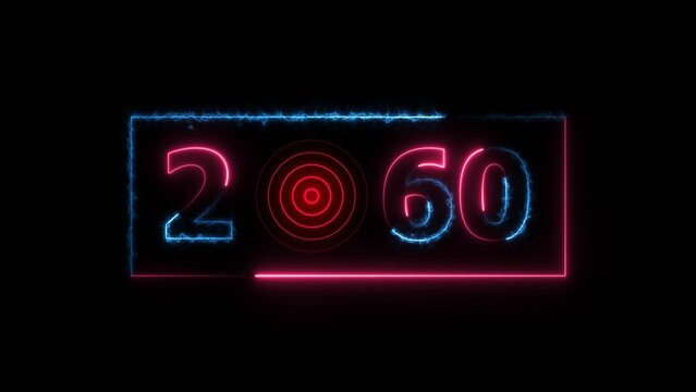 2060 years neon bright number text radio wave red color 4k illustration. New year celebration number. Black background 4k illustration.
