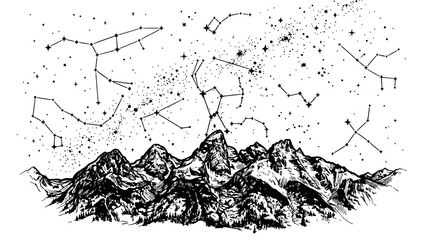 Mountain Peaks Under Starry Night Sky with Constellations - Hand Drawn Illustration © illustration