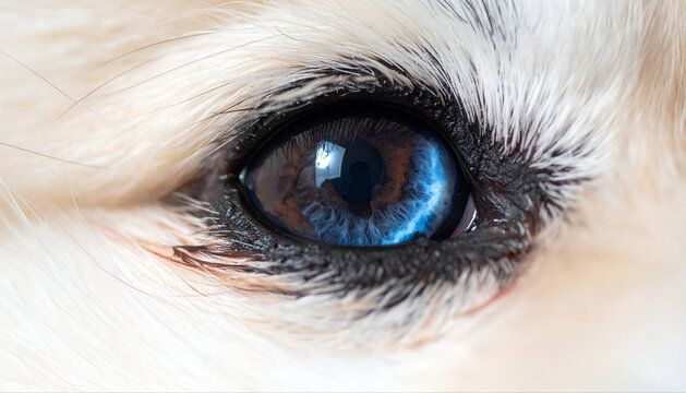 美しい青と茶色のオッドアイを持つ犬の目のアップ