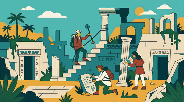 Flat 2D Vector Illustration of Archaeologists Discovering Ancient Ruins in a Jungle Setting, One Person Digging, Another Sketching Hieroglyphs on a Stone Tablet, and a Third Studying a Map, with Palm