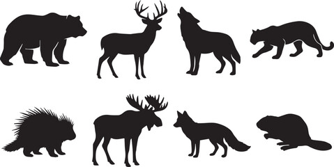 Obraz premium Vector collection of black forest animal silhouettes featuring bear deer and wolf on white background
