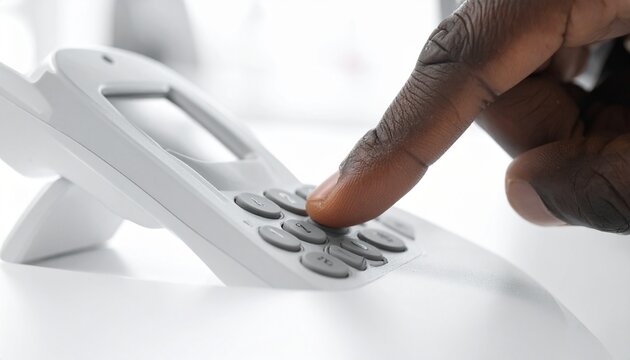 Close-up hand Of A Businessman's Hand Dialing Telephone Number To Make Phone Call In Office, contact us and customer relations support The concept of a telephone number keypad for communication
