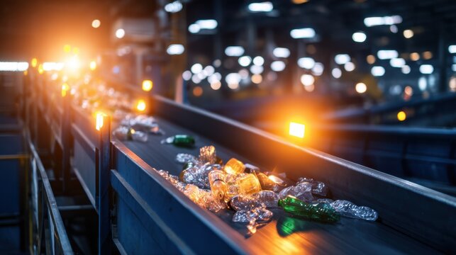 A conveyor belt moves various discarded plastic and glass items in a brightly lit sorting facility