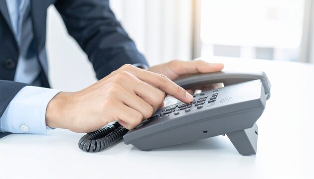 Close-up hand Of A Businessman's Hand Dialing Telephone Number To Make Phone Call In Office, contact us and customer relations support The concept of a telephone number keypad for communication