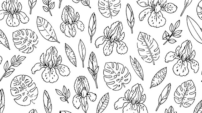 Elegant black and white floral and leaf pattern design.