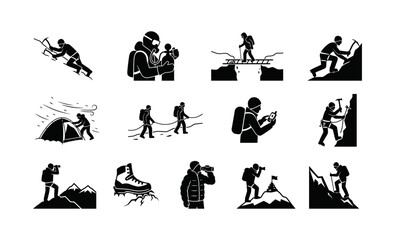 Obraz premium Set of monochrome icons depicting various mountaineering and extreme outdoor adventure activities for hikers and professional climbers